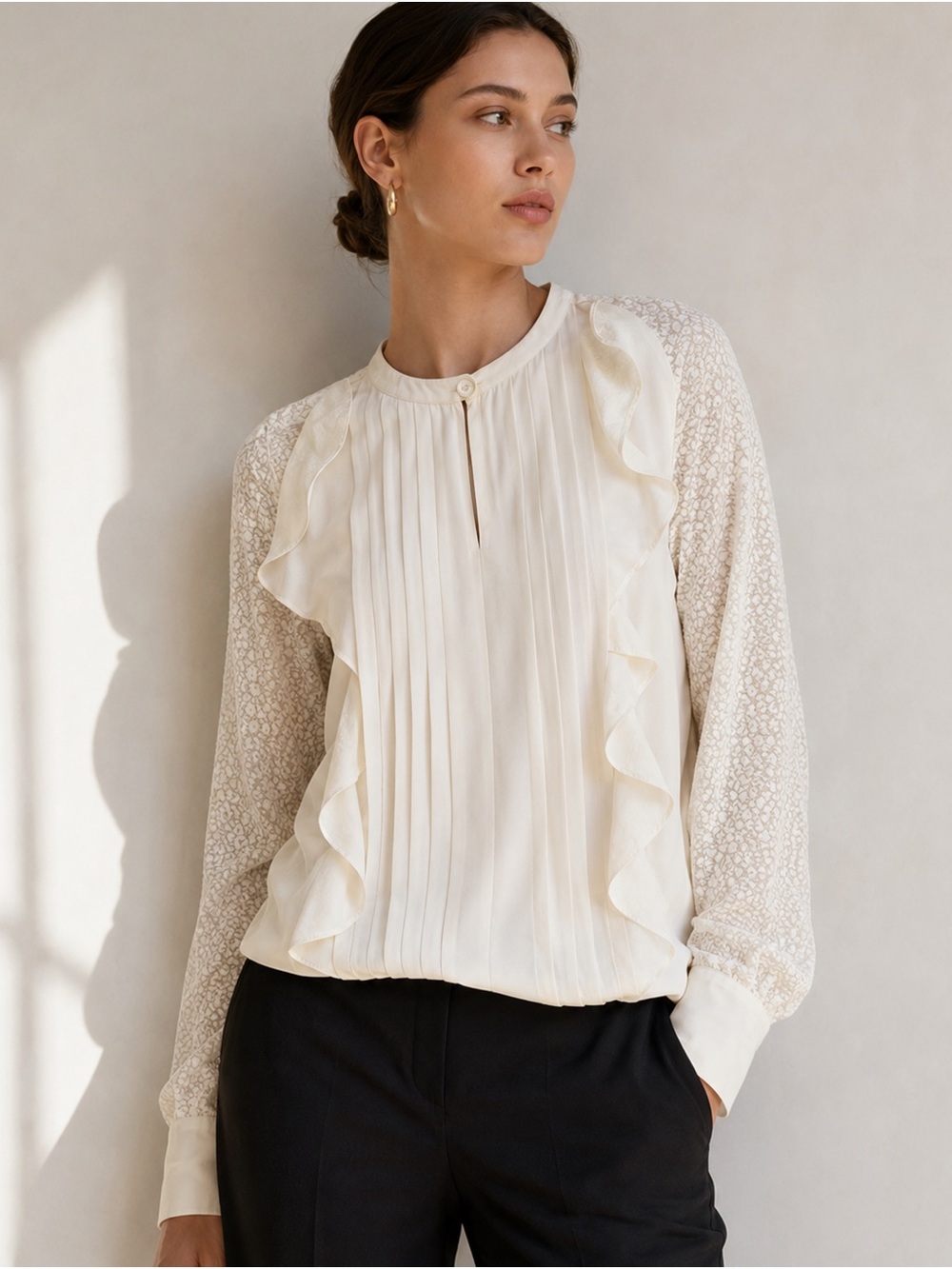 See by Chloé Cloud White Ruffled Panel Long Sleeve Blouse Size 44 / L Romantic